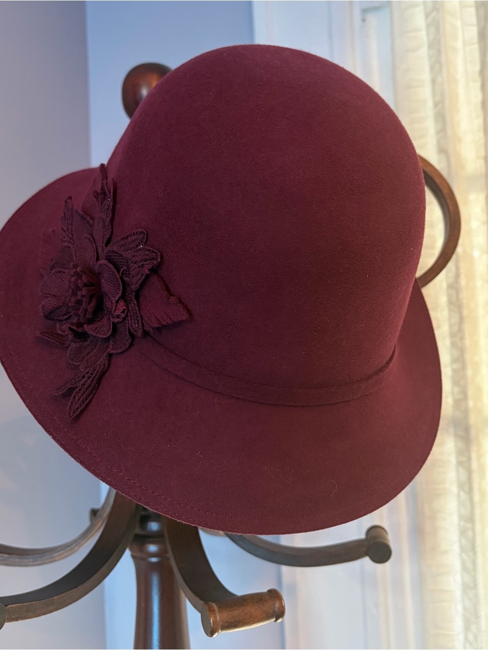 ADORA Wine Burgundy Felt Cloche Hat with Floral Applique